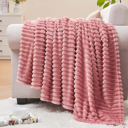 BEDELITE Fleece Blanket Twin Size – 3D Ribbed Jacquard Soft and Warm Decorative Fuzzy Blankets – Cozy, Fluffy, Plush Lightweight Throw Blankets for Couch, Bed, Sofa(Pink, 60x80 inches)