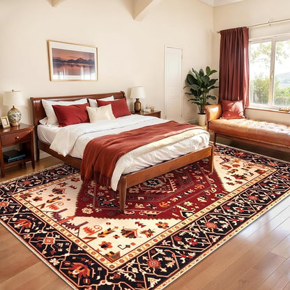 SERISSA Washable Rugs 8x10 Area Rugs, Large Non-Slip Boho Living Room Rug, Ultra Soft Oriental Vintage Red Black Print Distressed Carpet for Dining Room Bedroom Dorm Office Home Decor