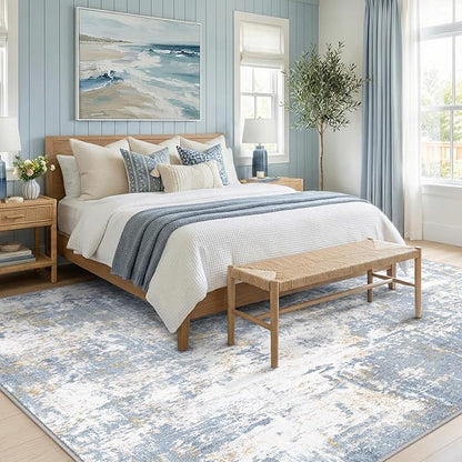 Washable Area Rugs 8'x10' Non-Slip Modern Abstract Soft for Living Room Entryway Bedroom Nursery, Print Pattern, Light Blue
