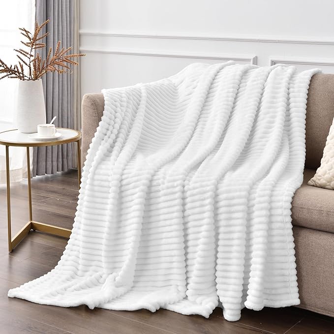 BEDELITE Fleece Throw Blanket for Couch – 3D Ribbed Jacquard Soft and Warm Decorative Fuzzy Blanket – Cozy, Fluffy, Plush Lightweight White Throw Blankets for Bed, Sofa, 50x60 inches