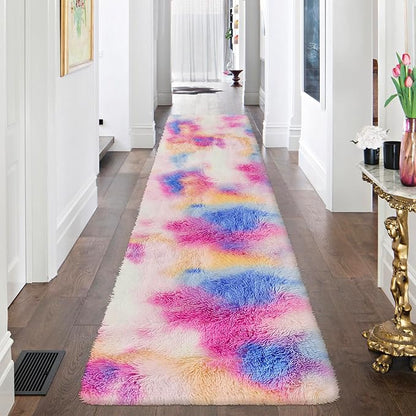 Fluffy Colorful Rug for Bedroom 2x8 ft Kawaii Tie-Dyed Area Rug Non Slip Cute Unicorn Kids Runner Rug for Girls Princess Teens Living Room Playroom Baby Nursery Decor Carpets