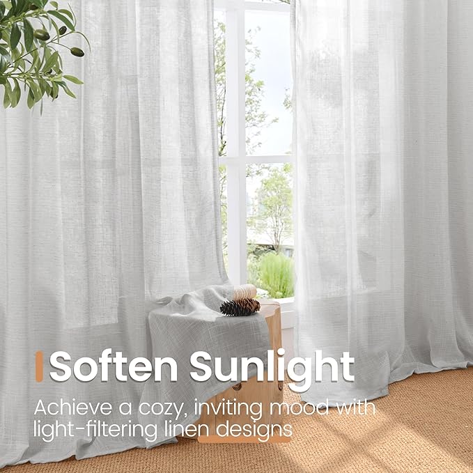 BGment Light Grey Linen Semi Sheer Curtains for Living Room - Rod Pocket Light Filtering Window Drapes Natural Textured for Bedroom Office Lightweight Rustic, 2 Panels Set, 52 X 63 Inch