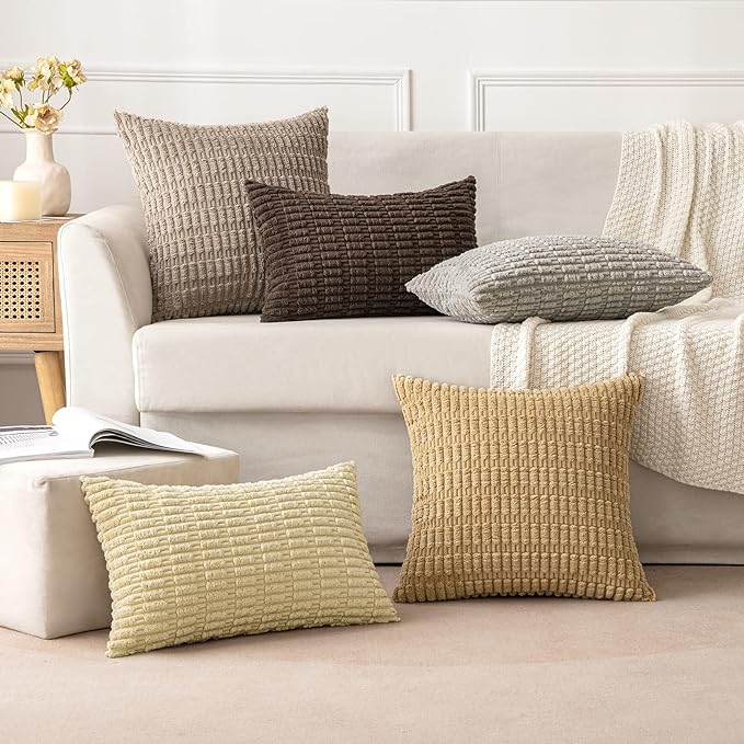 MIULEE Pack of 2 Corduroy Decorative Lumbar Throw Pillow Covers 20x12 Inch Soft Boho Striped Pillow Covers Modern Farmhouse Home Decor for Sofa Living Room Couch Bed Dark Brown