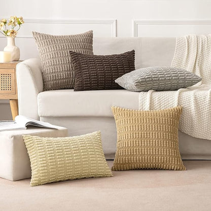 MIULEE Pack of 2 Corduroy Decorative Throw Pillow Covers 18x18 Inch Soft Boho Striped Pillow Covers Modern Farmhouse Home Decor for Sofa Living Room Couch Bed Light Brown