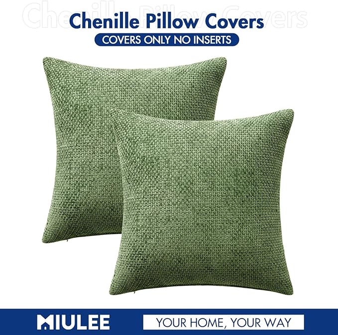 MIULEE Pack of 2 Couch Throw Pillow Covers 18x18 Inch Sage Green Modern Boho Accent Decorative Pillow Covers Soft Chenille Farmhouse Cushion Covers for Home Decor Bed Sofa Living Room