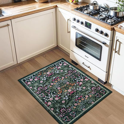Entryway Rug 2X3 Small Rugs: Floral Washable Door Mat Vintage Soft Low Pile Non-Slip Kitchen Rugs Stain Resistant Indoor Throw Rug for Entrance, Bedroom, Kitchen, Laundry, Bathroom Dark Green