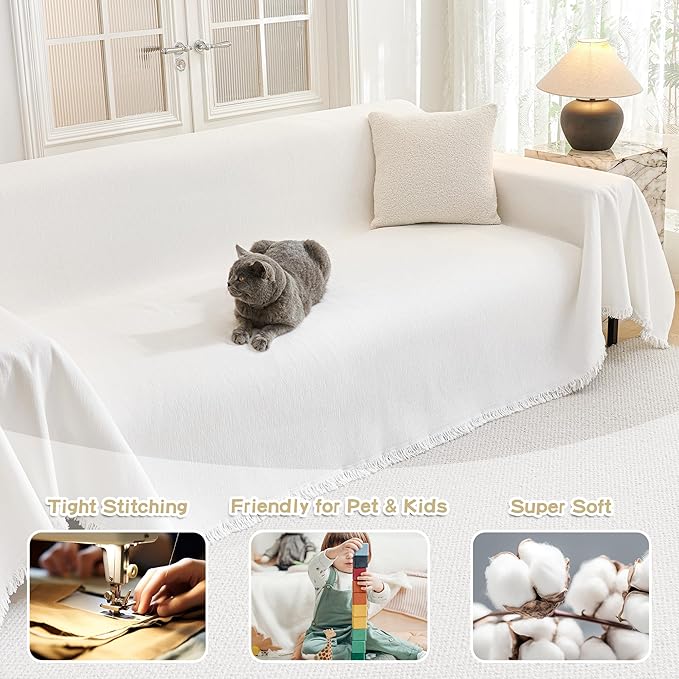 MYSKY HOME Couch Covers for Pets Thick Chenille White Cream Sofa Slipcover with Tassel Non Slip Soft Couch Sofa Cover, Washable Furniture Protector Sofa Slipcover with Tassel for Kids, Dogs, 91"x118"
