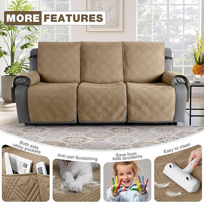 TAOCOCO 100% Waterproof Recliner Sofa Cover, Non Slip Split Couch Covers for Reclining Couches with Elastic Straps, Washable Reclining Sofa Cover Furniture Protector for Kids Pets(3 Seater, Camel)