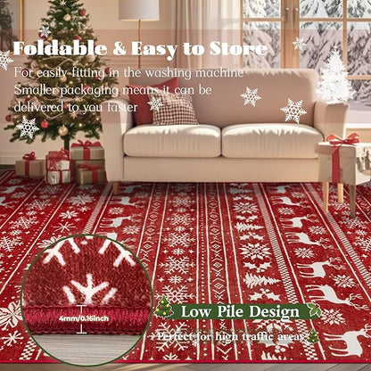 Christmas Runner Rug 2x6 Washable Rugs, Boho Christmas Tree Snowflake Rug Non-Slip Soft Low Pile Non Shedding Indoor Holiday Carpet for Bedroom Bathroom Laundry Staircase Foyer (XmasRed, 2'x6')