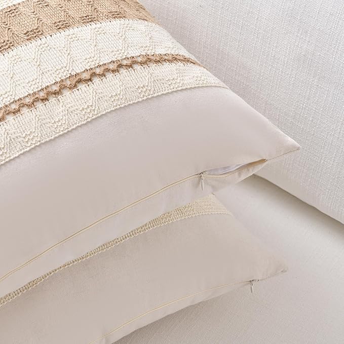 Fancy Homi Set of 1 Boho Neutral Euro Decorative Throw Pillow Cover 26x26 Inch for Couch Bed Bedroom, Aesthetic Modern Organic Farmhouse Room Decor, Soft Cotton Accent Macrame Woven Tan Cushion Case