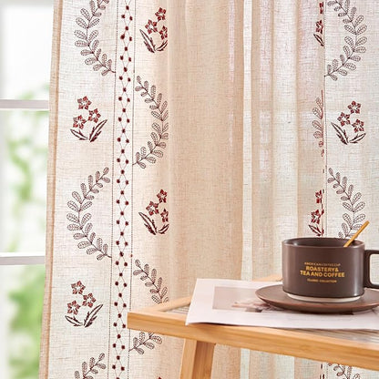 jinchan Belrose Linen Curtains for Bedroom Floral Curtains 63 Inch Length Linen Blend Burgundy Red Embroidered Drapes Farmhouse Flower Patterned Drapes for Living Room Window Treatments Set 2 Panels