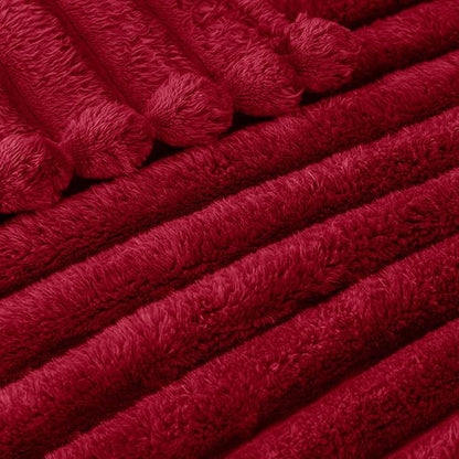 Exclusivo Mezcla King Size Flannel Fleece Blanket, Super Soft Striped Jacquard Bed Blanket, Lightweight Fuzzy Cozy for All Seasons, 90x104 Inches, Deep Red