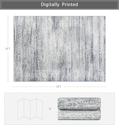 Washable Rugs 5x7 Area Rugs for Living Room,Rugs for Bedroom,Large Carpets,Ultra Soft Faux Wool Retro Dining Room Rug,Non Slip&Non-Shedding Low Pile Vintage Print Rug for Home Office-Grey Cream