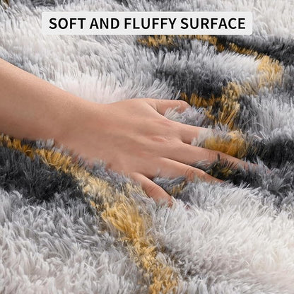 Tepook Soft Fluffy Rugs for Bedroom, 4x6 Area Rug for Living Room, Modern Shaggy Room Rug for Kids Boys Girls, Plush Throw Rugs Indoor Nursery Home Decor Rug with Non-Slip Bottom, White Black Gold