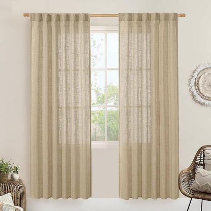 LAMIT Light Filtering Linen Curtains 78 inch for Bedroom, Faux Linen Textured Semi Sheer Back Tab and Rod Pocket Boho Modern Drapes for Living Room/Farmhouse, Brown, 2 Panels, 52 x 78 Inch