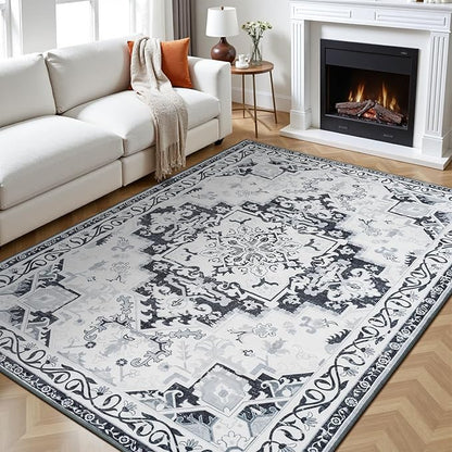 Rugflix 5x7 Area Rug for Living Room, Machine Washable Area Rugs with Non-Slip Backing, Large Soft Boho Vintage Rug for Bedroom, Dining Room, Low Pile Carpet, Kids Pet Friendly, Grey