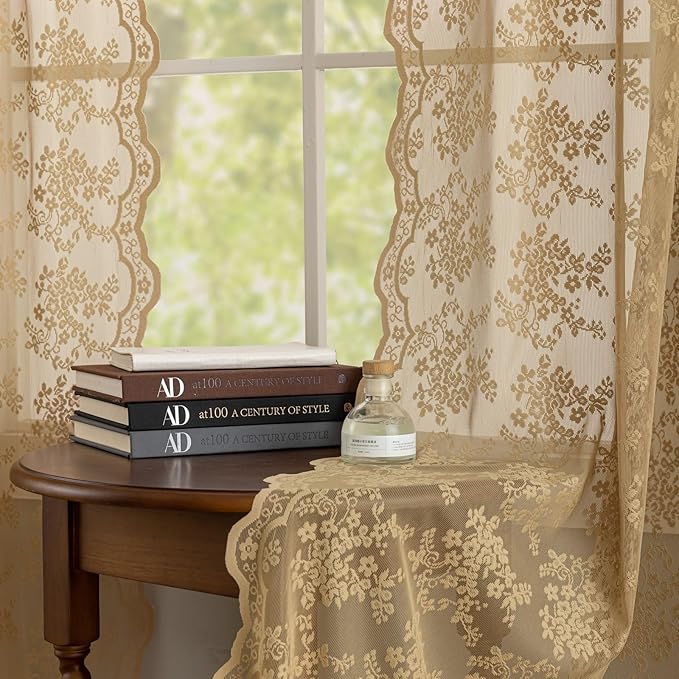 YJ YANJUN Vintage Lace Curtains 84 Inches Long-Victorian Floral Pattern Taupe Sheer Curtain Panels for Living Room Bedroom, Retro Boho Farmhouse Earth Tone Home Decor 2 Panels 52W x 84L Dark Tan