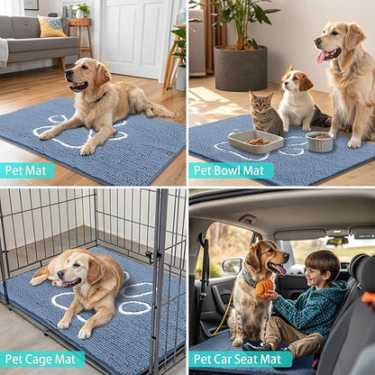 Smiry Dog Door Mat for Muddy Paws, Absorbent Dirt Trapper Non Slip Quick Dry Washable Chenille Mat for Mud Dogs, Entry Rug for Indoor and Outdoor (47x24 Inches, Airy Blue and White)