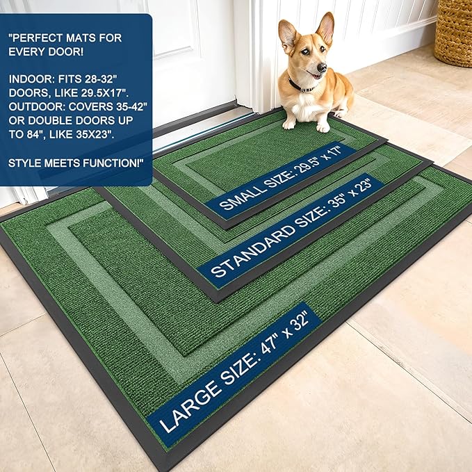 OLANLY Front Door Mat Indoor Outdoor Entrance, Waterproof All-Season, All-Weather Doormat, Sturdy Natural Rubber, Fade Resistant, Low Profile, Easy Clean Patio Porch Entryway Mat, 59x40, Green