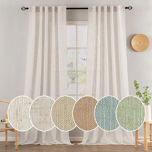 MIULEE White Linen Curtains 90 Inch Long 2 Panels Set for Bedroom Living Room, Soft Thick Linen Textured Window Drapes Semi Sheer Light Filtering Rod Pocket Back Tab Burlap Look Farmhouse Decor