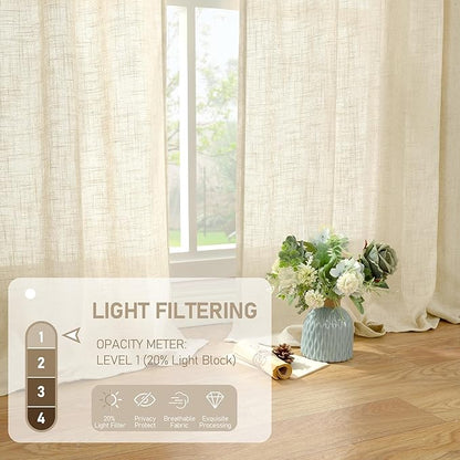 LAMIT Living Room Linen Curtains 95 Inch for Bedroom, Back Tab and Rod Pocket Linen Textured Sheer Curtains Light Filtering Boho Drapes for Canopy/Nursery, 2 Panels, 52 x 95 Inch, Beige