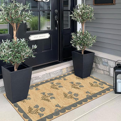 Front Door Mat Indoor Entrance - 2x4.3 Ft Blue Floral Washable Layered Doormat Outdoor Entrance Porch Rug Non-Slip Neutral Country Jute-Look Runner Rug for Kitchen Laundry Room Porch Decor