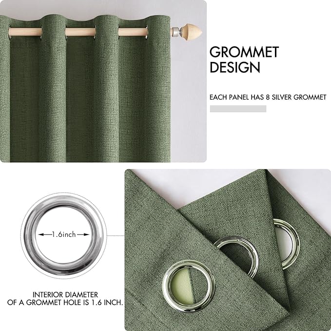 MIULEE 100% Blackout Linen Textured Curtains for Bedroom Solid Thermal Insulated Olive Green Grommet Room Darkening Curtains & Drapes Luxury Decor for Living Room Nursery 52 x 45 Inch (2 Panels)