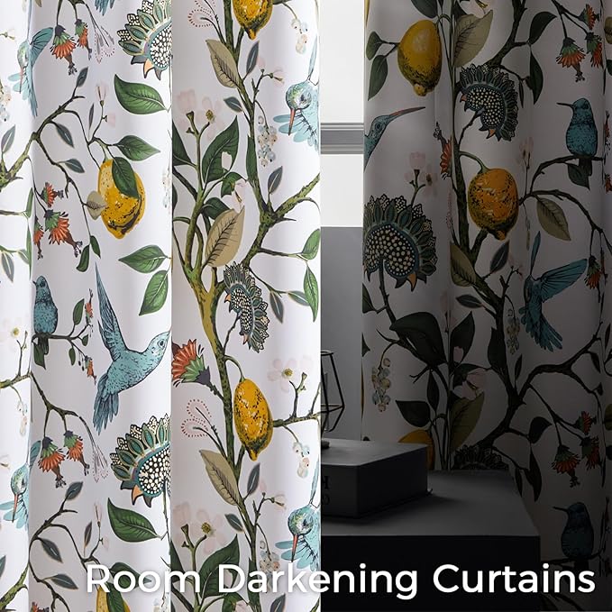 Topfinel 102 Inches Long White Luxury Curtains for Living Room Bedroom, Blackout Vintage Art Deco Victorian Curtains Floral Lemon Hummingbird Printed Grommet Drape 102 Inch Length