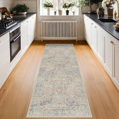 Hazo Haus Non Slip Beige Blue Hallway Runner Rug - Long Runner Rugs 2x7 Washable Kitchen Floor Mat, Laundry Room Rug, Bathroom Runner - Vintage Design Décor