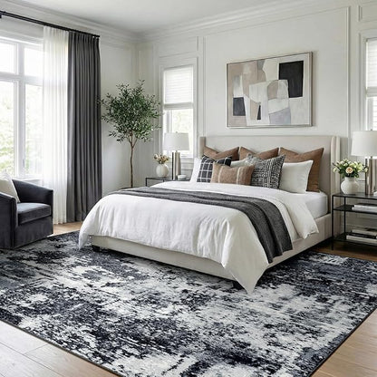 Washable Area Rugs 6'x9' Non-Slip Modern Abstract Soft for Living Room Entryway Bedroom Nursery, Print Pattern, Black Navy Blue Gray