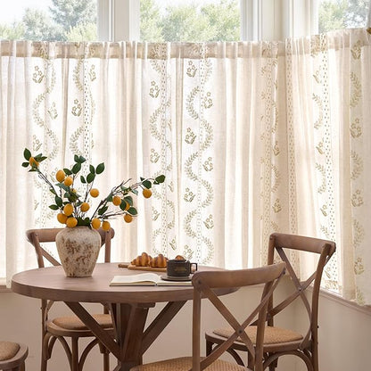 jinchan Belrose Linen Floral Cafe Curtains 54 Inch Length Embroidered Farmhouse Curtains for Kitchen Bedroom Bathroom Small Windows Curtain Set Light Filtering 2 Panels Beige