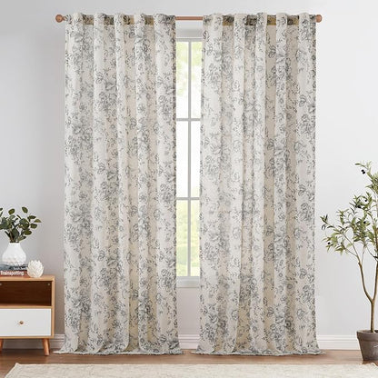 jinchan Linen Blend Curtain Floral Curtains for Living Room 96 Inch Length Grey Printed Curtain Rod Pocket Back Tab Farmhouse Peony Flower Patterned Drapes Bedroom Window Curtains Set 2 Panels