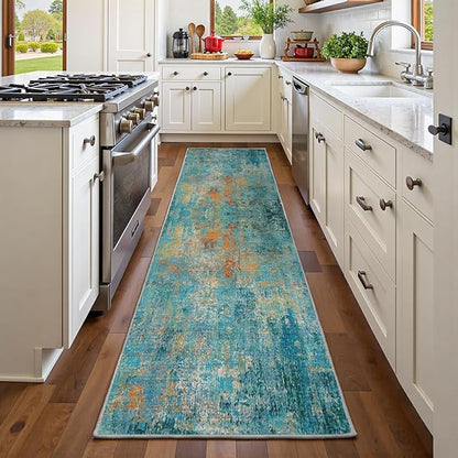 Washable Area Rugs 2'x6' Non-Slip Modern Abstract Soft for Living Room Entryway Bedroom Nursery, Print Pattern, Teal Blue Green Orange Rust Red Coloreful