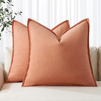 MIULEE Decorative Linen Euro Sham Pillow Covers 24x24 Coral Boho Farmhouse Neutral Spring Couch Throw Pillows for Bed Pack of 2 Accent Modern Pillowcase Summer Sofa Livingroom Home Decor