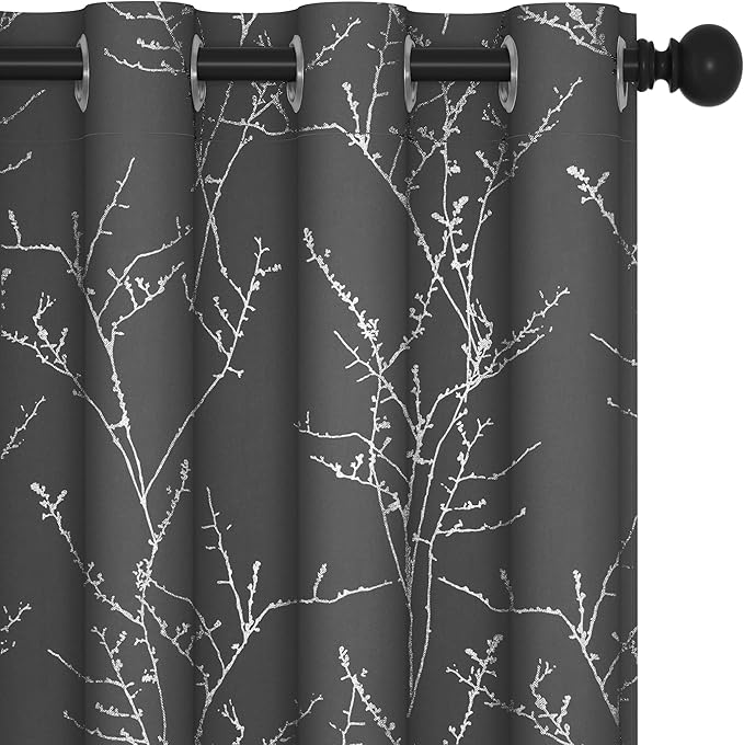 Deconovo Grey Blackout Curtains, Thermal Insulated Soundproof Drapes, Silver Branch Foil Print, 52 x 63 Inch, 2 Panels, Machine‑Washable Privacy Window Panel for Living Room Bedroom Nursery Office