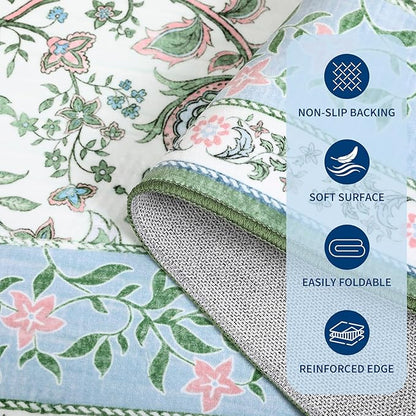 GarveeHome Blue Green Pink Area Rugs 9x12 Living Room, Botanical Grove Cottage core Washable Non-Slip Rug for Bedroom Dining Nursery Low-Pile Vintage Large Soft Carpet