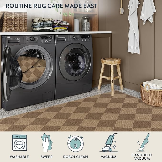 Lahome Colette Checkered Easy Jute Rug 8x10, Washable Rugs for Living Room Dining Room Farmhouse Indoor Outdoor Mat, Neutral Checkerboard Non Slip Black Carpet for Office Backyard Patio