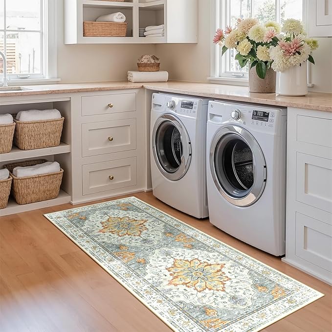 RELEANY Area Rugs 2'x5' Runner Rug Non Slip Washable for Kitchen Hallway Bedroom Beside Laundry Room Bathroom Rug, Floor Carpet, Light Yellow Carbon Grey Orange