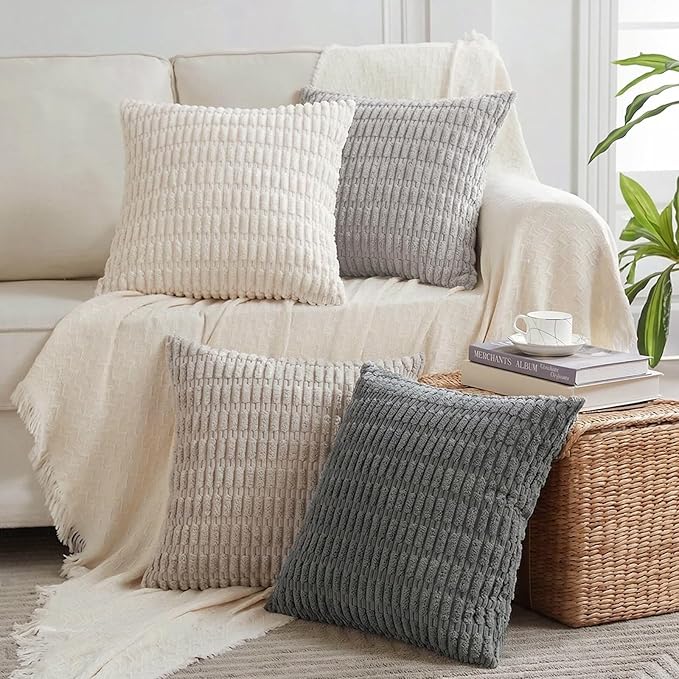 Fancy Homi Set of 4 Grey and White Boho Decorative Throw Pillow Covers 26x26 Inch for Couch Bed Sofa, Aesthetic Modern Bohemian Room Decor, Fuzzy Fluffy Cozy Corduroy Textured Cushion Case 66x66cm