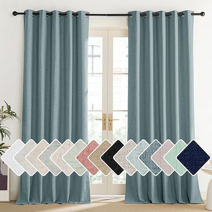 NICETOWN 100% Absolutely Blackout Linen Curtains with Thermal Insulated Liner, Skylark Blue, 62" Wide, 108" Length Energy Saving Curtains for Living Room 2 Panels Set, Vertical Blinds