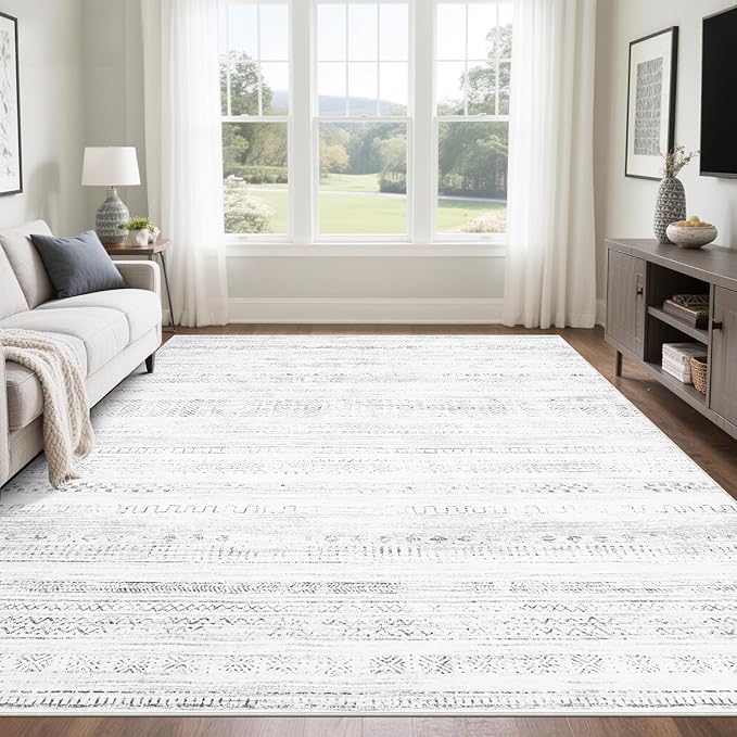 Moroccan Washable Rugs 8x10 Area Rugs for Living Room,Bedroom,Dining Room- Large Ultra Soft Faux Wool Retro Carpet,Non Slip&Non-Shedding Low Pile Vintage Print Rug for Home Office-(Gray-White)