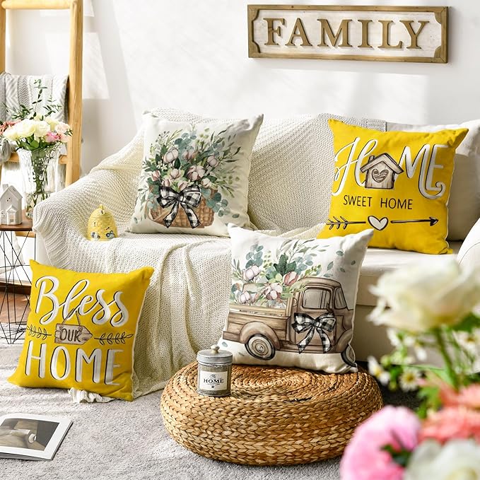 AVOIN colorlife Bless Our Home Farmhouse Eucalyptus Leaves Throw Pillow Covers, 16 x 16 Inch Yellow Truck Home Sweet Cushion Case Decorations Set of 4