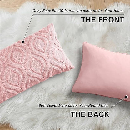 decorUhome Throw Pillow Covers 12x20 Inch Set of 2, Soft Plush Faux Wool Pink Solid Couch Pillow Covers, Accent Farmhouse Neutral Rectangle Pillow Cases for Sofa Bed Living Room