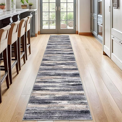 Lansny Modern Abstract Runner Rug 2x12, Grey Black Multi Washable Long Kitchen Runner Non-Slip Soft Hallway Rug Runner Thin Print Faux Wool Carpet for Entryway Bedroom Laundry Room Indoor Home Decor