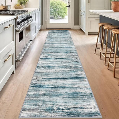 KOZYFLY Modern Abstract Hallway Runner, 2x12 Washable Rug Runner Non-Slip Soft Striped Kitchen Runner Rug, Light Blue Print Carpet for Entryway Bathroom Laundry Room Foyer