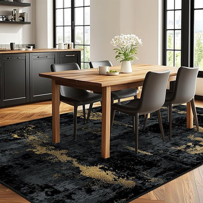 Washable Area Rugs 7'x9' Non-Slip Modern Abstract Soft for Living Room Entryway Bedroom Nursery, Print Pattern, Dark Black Gold
