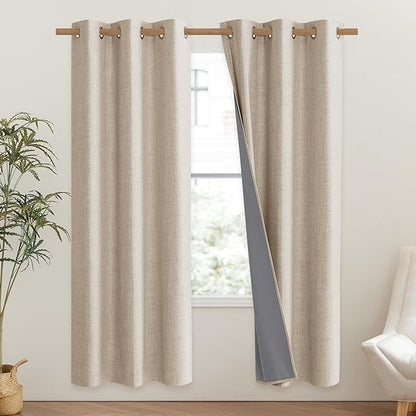 NICETOWN Cream 100% Blackout Linen Curtains 72 inch Long Burg for Classroom, 1 Pair, 42" Width Each Panel, Farmhouse Thick Completely Blackout Window Treatment Thermal Insulated Drapes