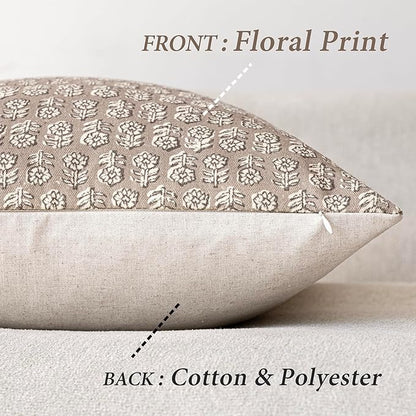 Foindtower Set of 2 Decorative Vintage Floral Print Throw Pillow Covers Neutral Modern Farmhouse Cushion Covers Boho Home Decor for Sofa Couch Chair Bedroom Living Room,22×22 Inch,Tan Taupe