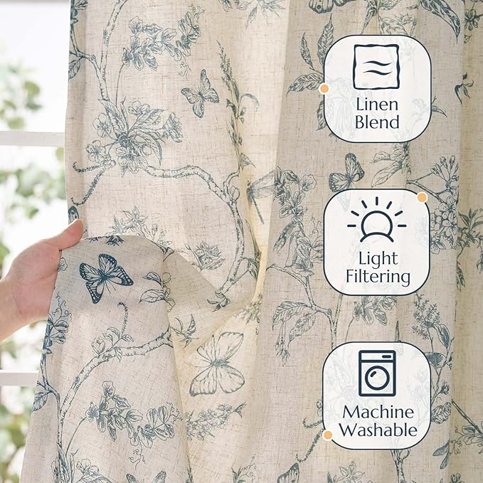 jinchan Floral Curtains Lined Linen Blend Curtain for Living Room 84 Inch Length Blue Flower Patterned Curtain French Country Farmhouse Curtains Drapes Back Tab Rod Pocket 2 Panels