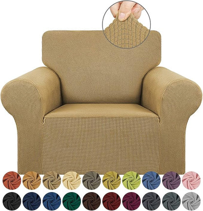 KEKUOU Stretch Single Sofa Slipcover 1 Piece Couch Sofa Cover (31"-55") Furniture Protector 1 Seater Sofa with Elastic Bottom for Kids,Pet.Jacquard Small Checked Pattern Fabric(Small,Tan)